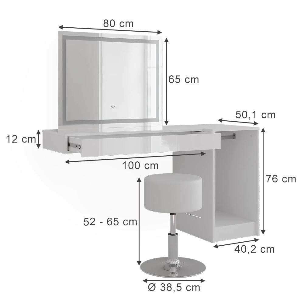 Vanity table in White on white background with visible dimensions