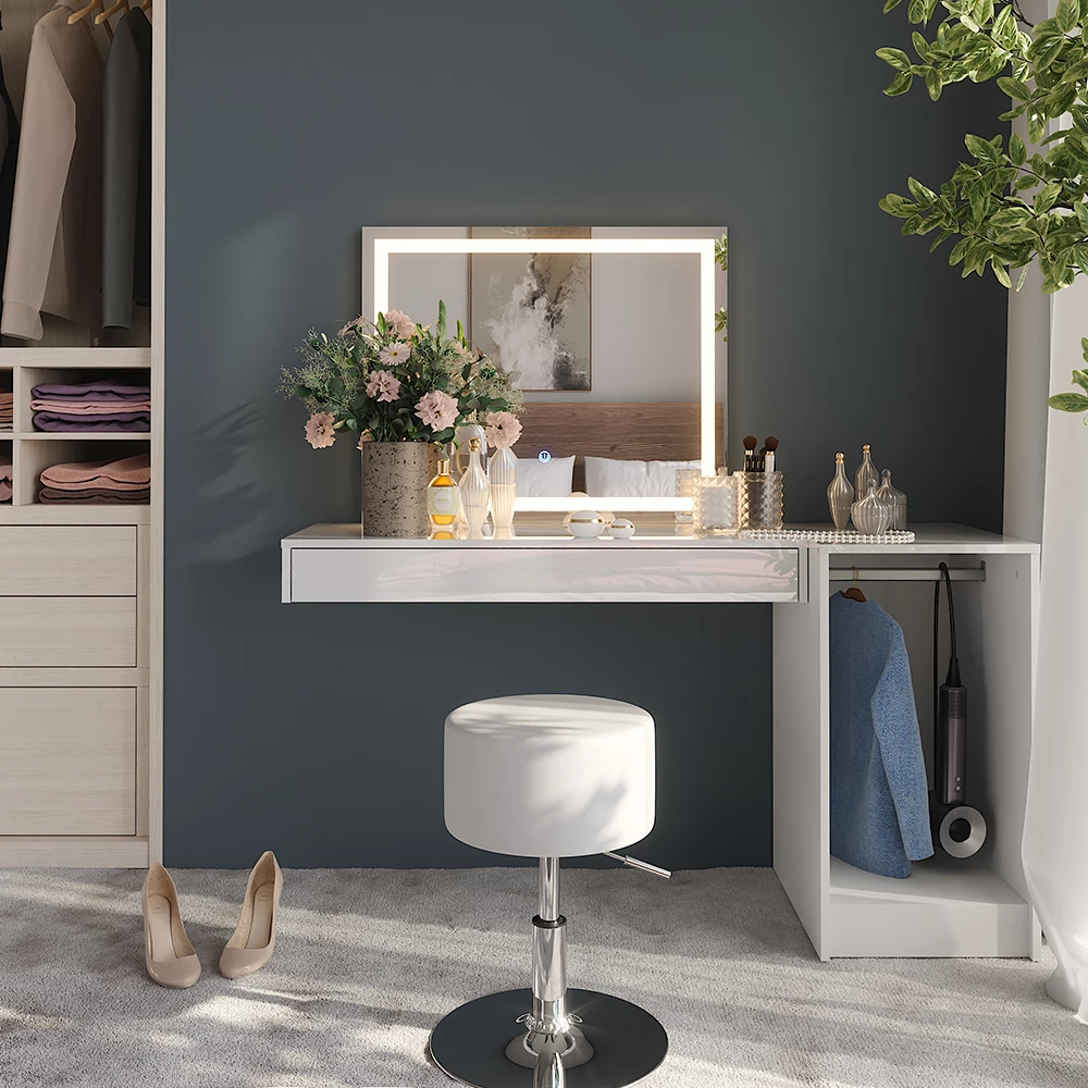 Vanity table in White shown in ambient setting with decoration