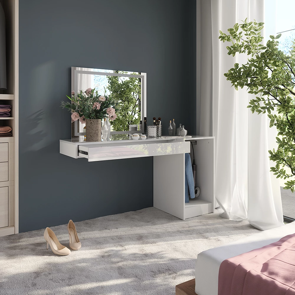 Nahaufnahme von Schminktisch in Weiß, zeigt Design- und Oberflächendetails