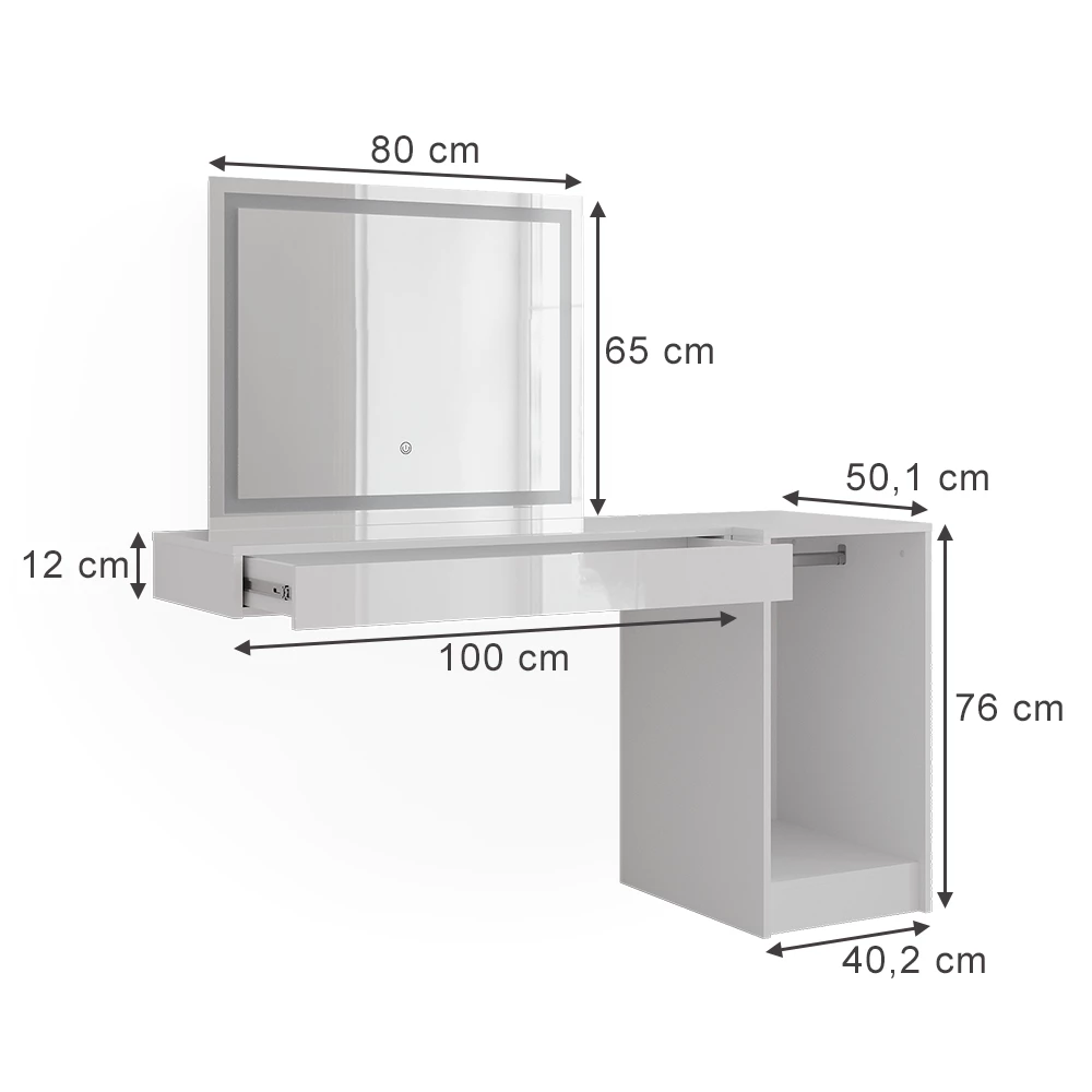 Schminktisch in Weiß auf weißem Hintergrund mit sichtbaren Maßen