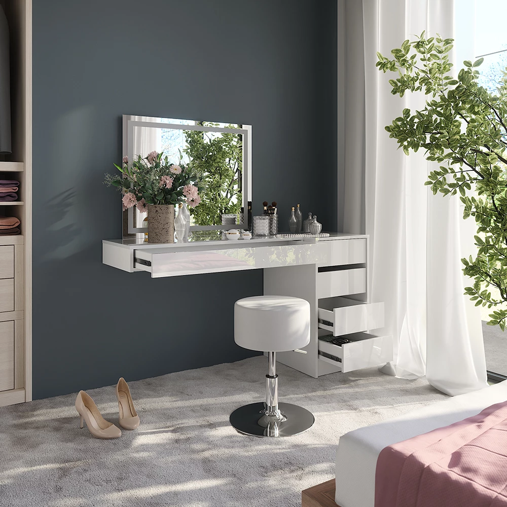 Nahaufnahme von Schminktisch in Weiß, zeigt Design- und Oberflächendetails