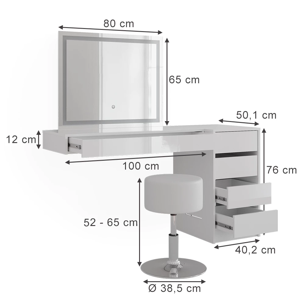 Schminktisch in Weiß auf weißem Hintergrund mit sichtbaren Maßen