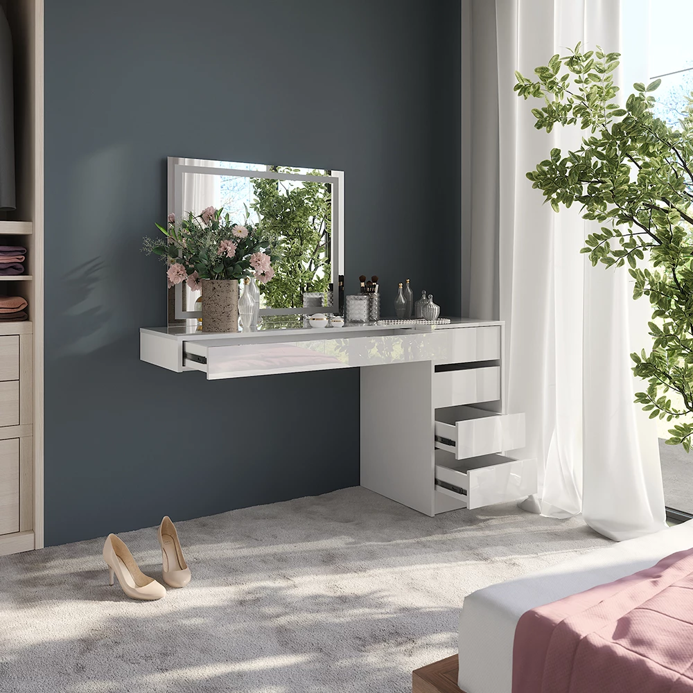 Gros plan de Coiffeuse en Blanc, montrant le design et les détails de surface