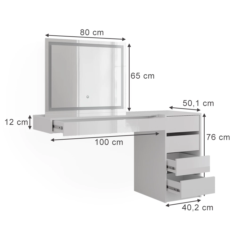 Coiffeuse en Blanc sur fond blanc avec dimensions visibles