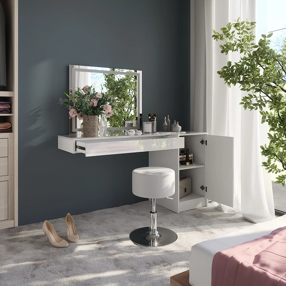 Gros plan de Coiffeuse en Blanc, montrant le design et les détails de surface