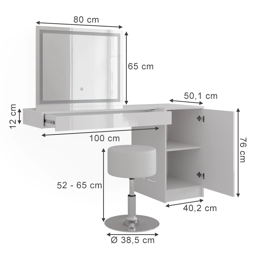 Coiffeuse en Blanc sur fond blanc avec dimensions visibles