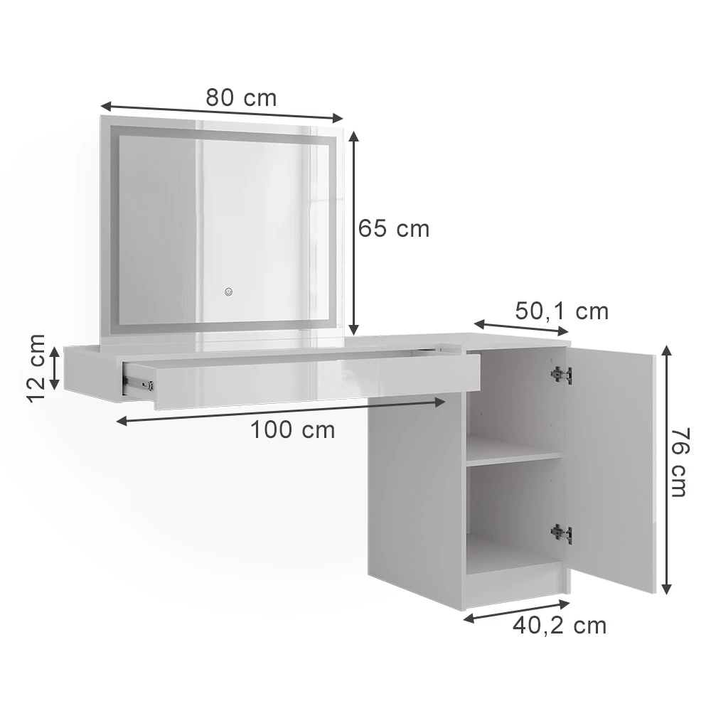 Coiffeuse en Blanc sur fond blanc avec dimensions visibles