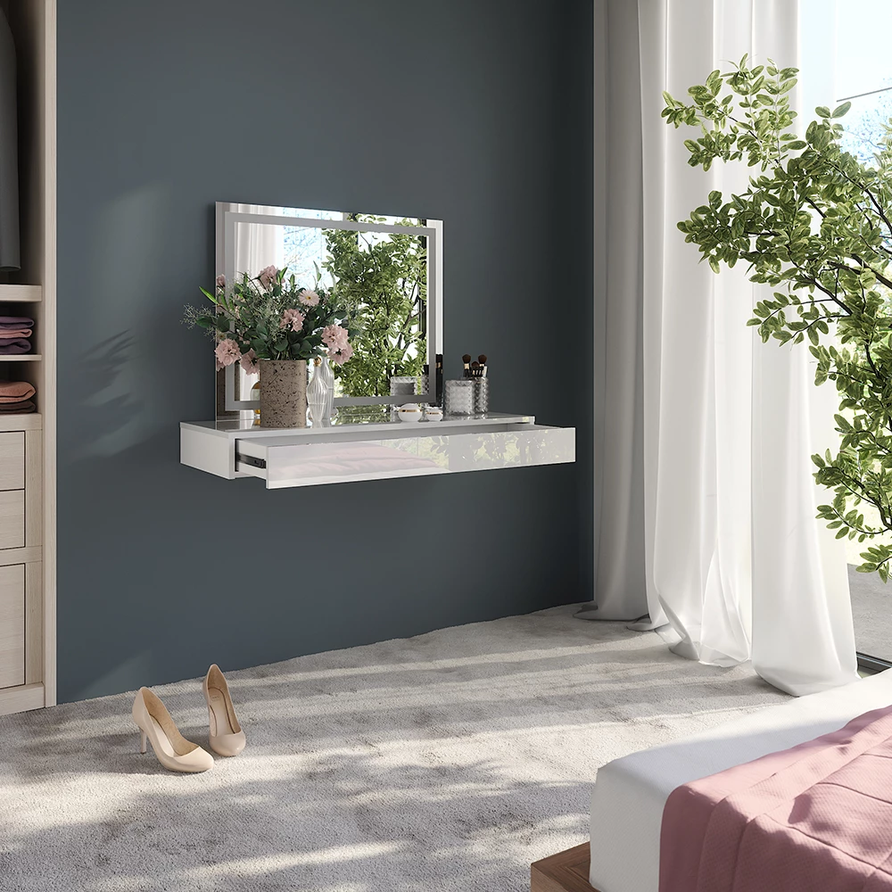 Nahaufnahme von Schminktisch in Weiß, zeigt Design- und Oberflächendetails