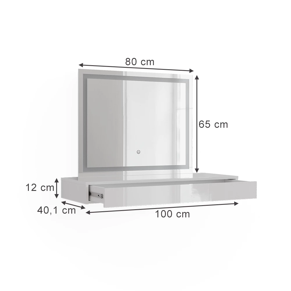Schminktisch in Weiß auf weißem Hintergrund mit sichtbaren Maßen