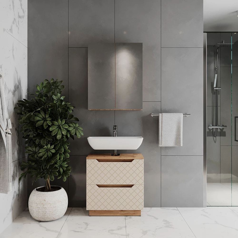 Badmöbel-Set in Eiche/Grau mit Kachelstruktur, dargestellt im Ambiente mit Dekoration