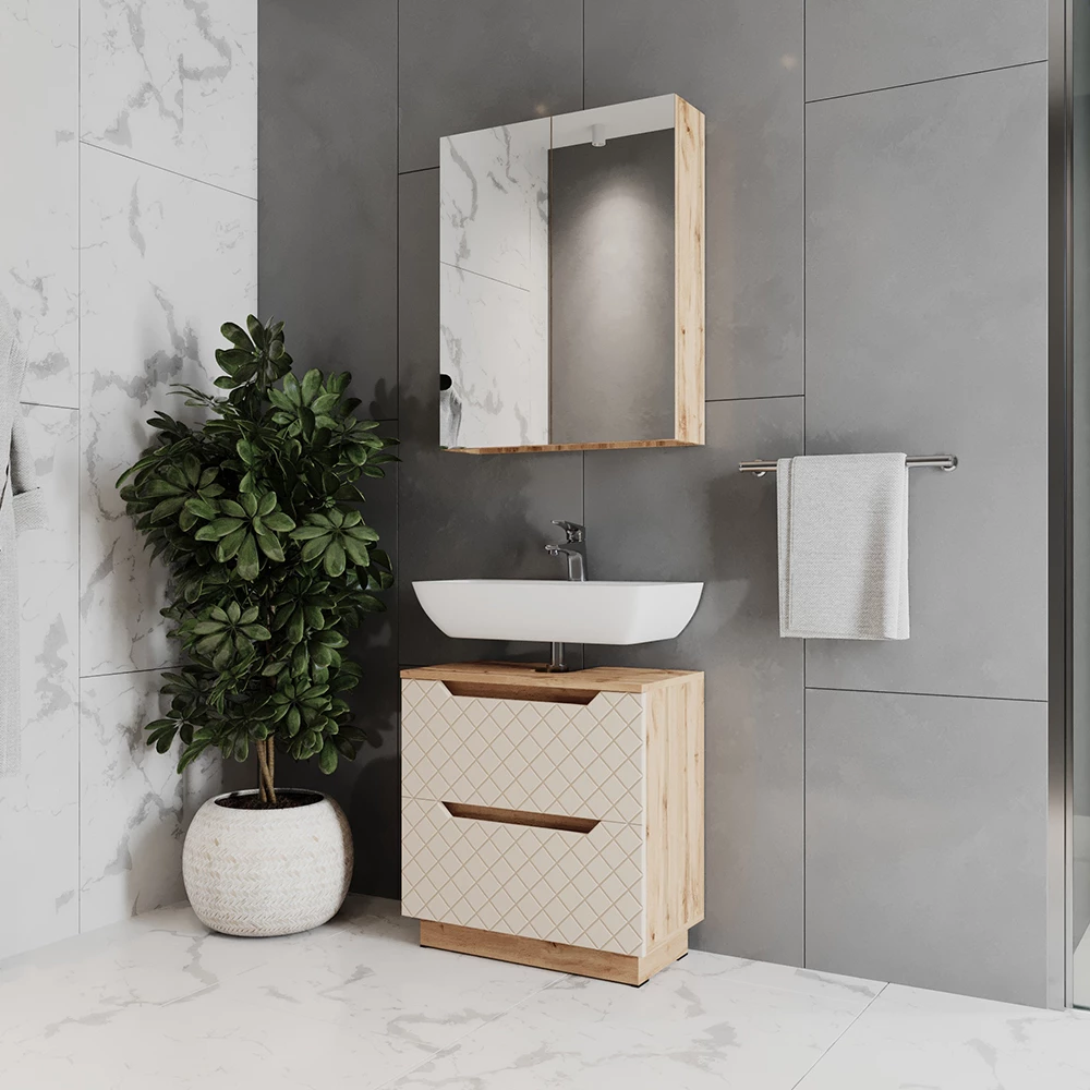 Nahaufnahme von Badmöbel-Set in Eiche/Grau mit Kachelstruktur, zeigt Design- und Oberflächendetails