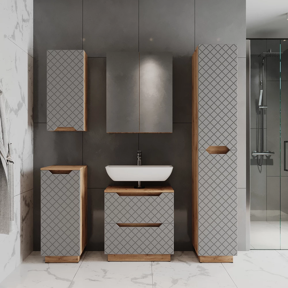 Badmöbel-Set Lotta Eiche/Grau mit Kachelstruktur 2 Teile Vicco