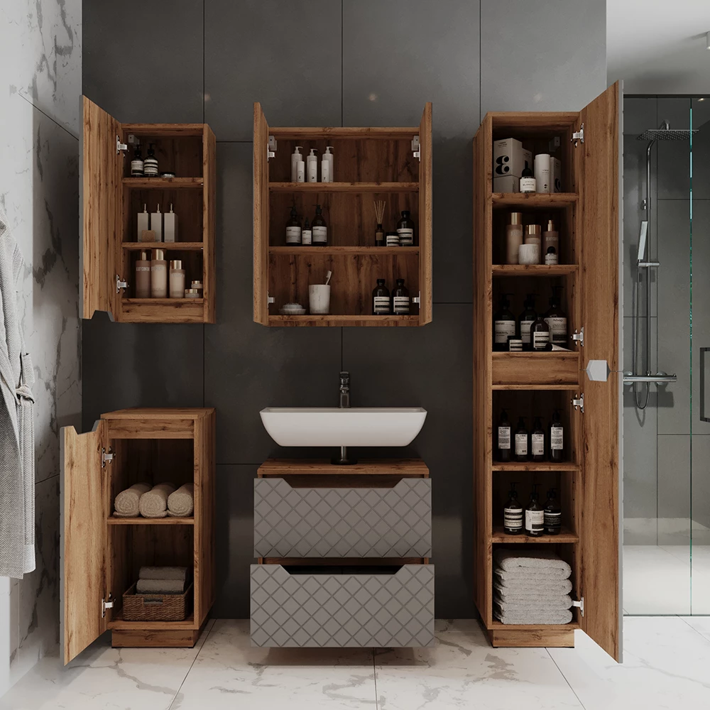 Badmöbel-Set Lotta Eiche/Grau mit Kachelstruktur 2 Teile Vicco