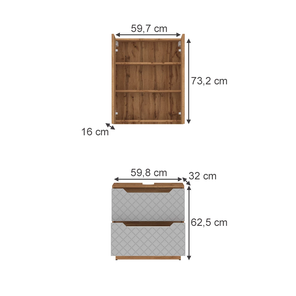 Badmöbel-Set in Eiche/Grau mit Kachelstruktur auf weißem Hintergrund mit sichtbaren Maßen