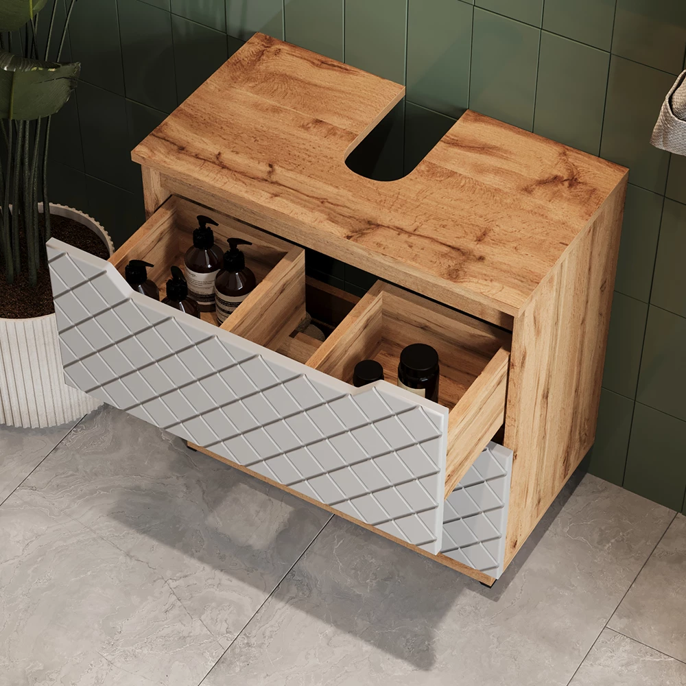 Nahaufnahme von Waschbeckenunterschrank in Grau, zeigt Textur/Details