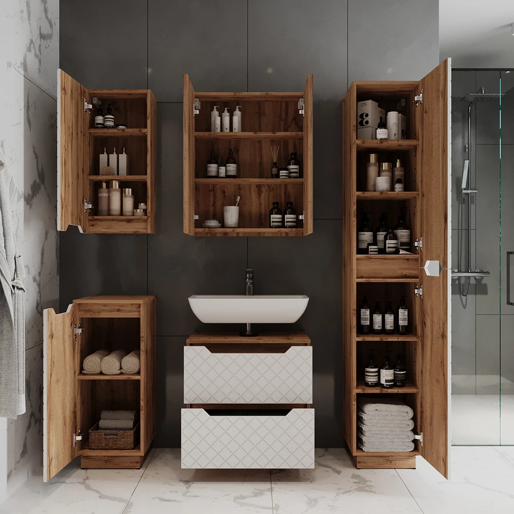 Badschrank Lotta Eiche/Weiß mit Kachelstruktur 33 x 186 cm mit 2 Türen Vicco