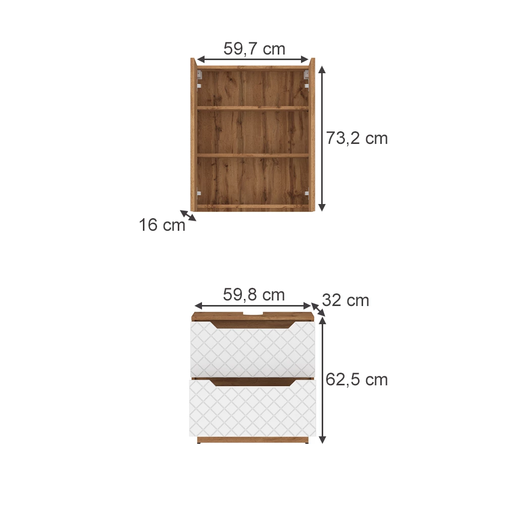 Badmöbel-Set in Eiche/Weiß mit Kachelstruktur auf weißem Hintergrund mit sichtbaren Maßen
