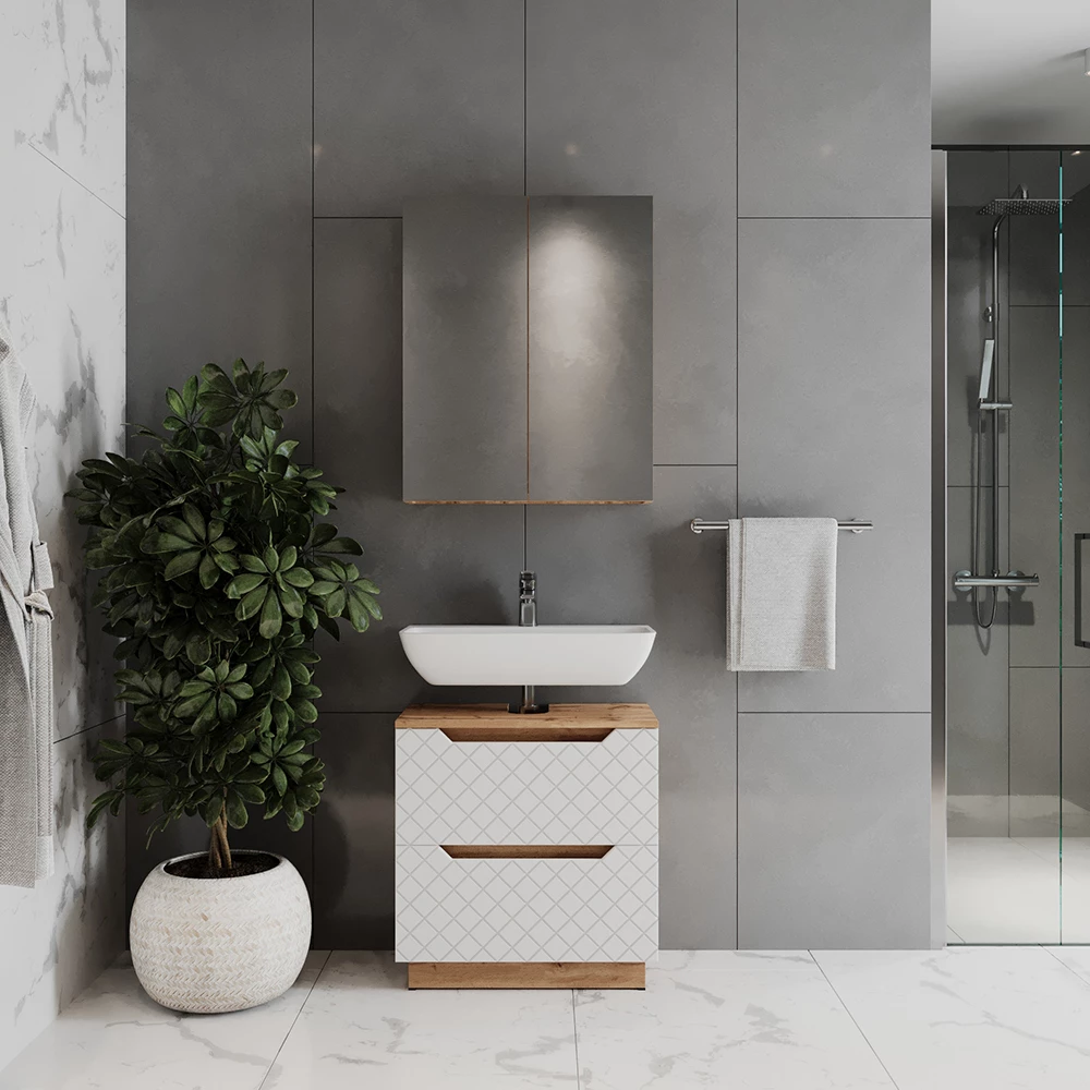 Badmöbel-Set in Eiche/Weiß mit Kachelstruktur, dargestellt im Ambiente mit Dekoration
