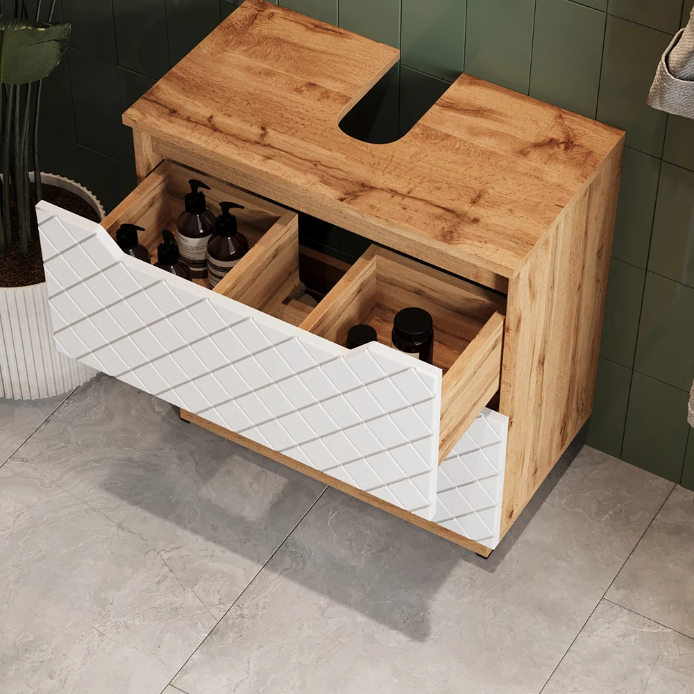 Gros plan de Meuble sous vasque simple en Blanc, montrant la texture/les détails