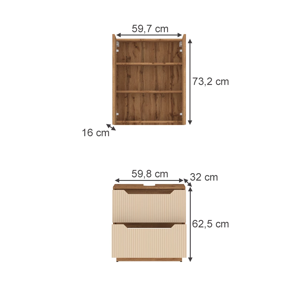 Badkamermeubelset in Eiken/kasjmier gestreept on white background with visible dimensions