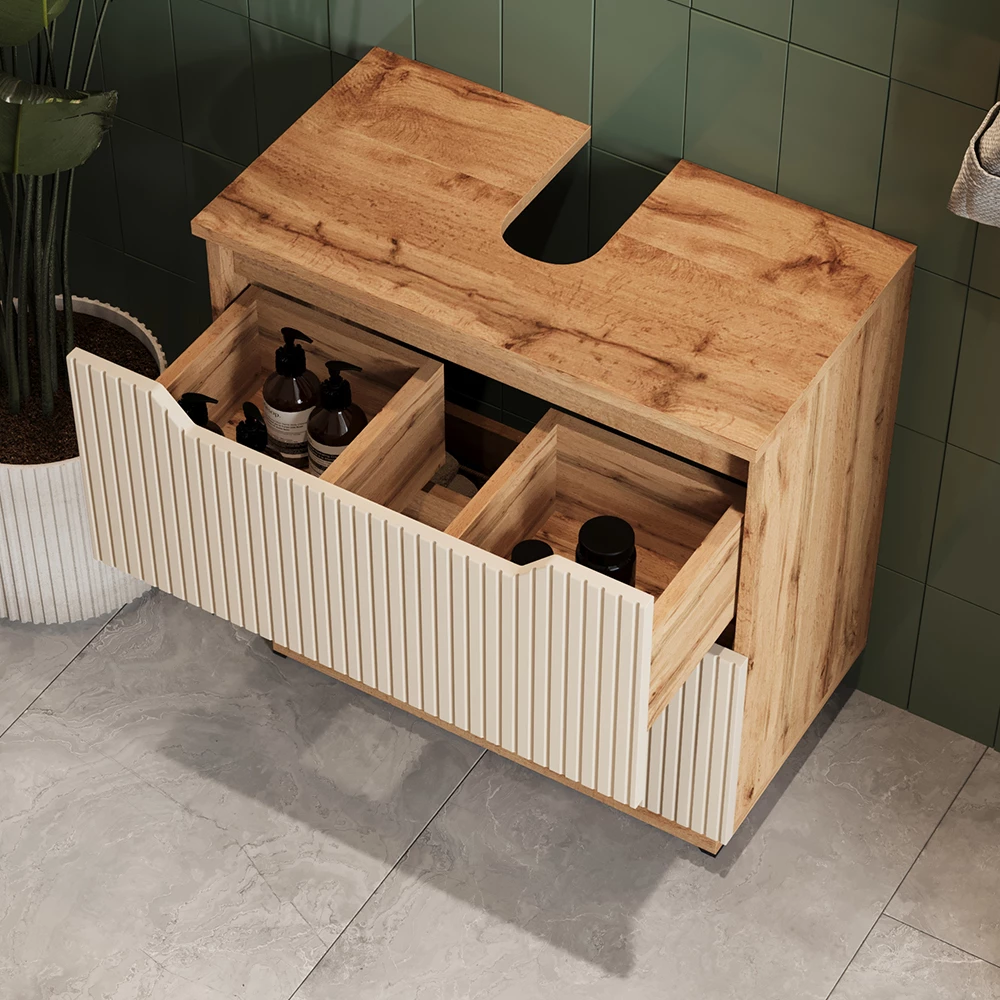 Gros plan de Meuble sous vasque simple en Cachemire, montrant la texture/les détails