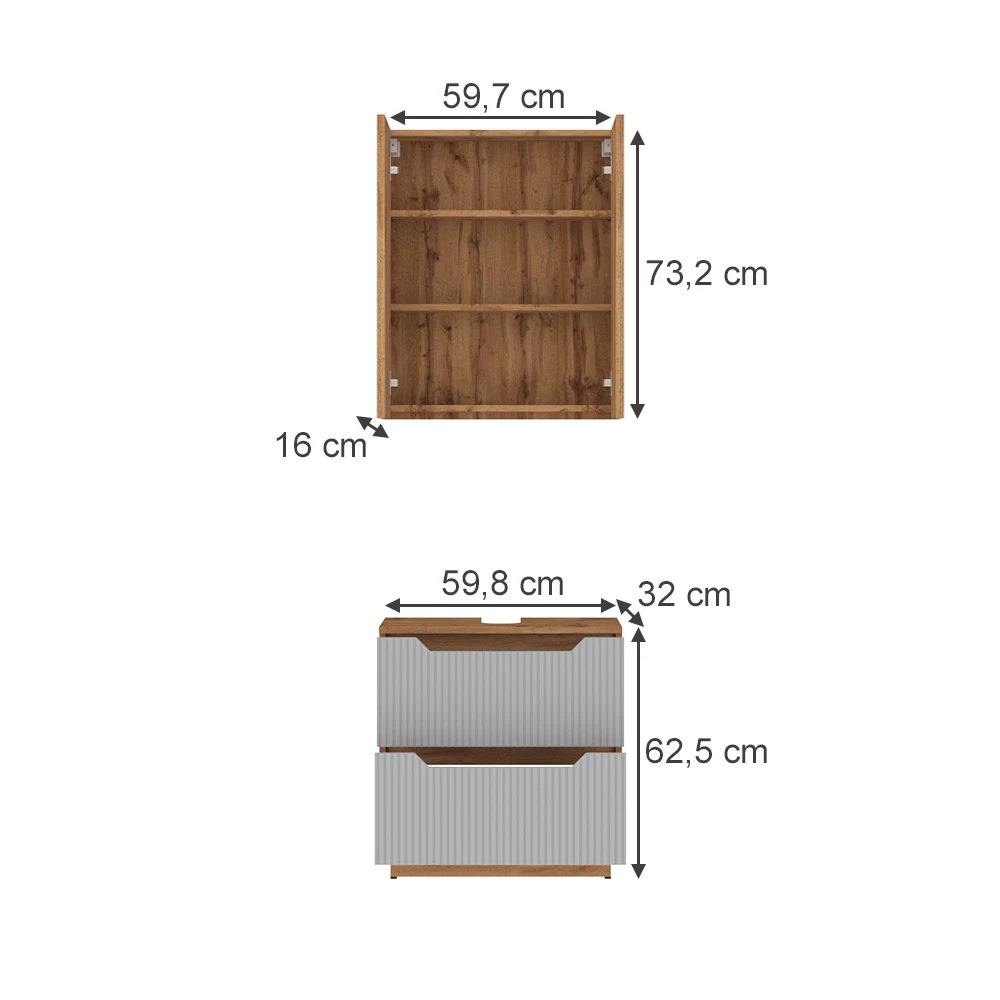 Set di mobili da bagno in Rovere/grigio a righe on white background with visible dimensions
