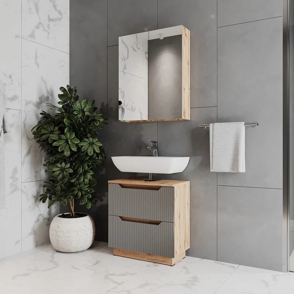 Close-up of Set di mobili da bagno in Rovere/grigio a righe, showing design and surface details