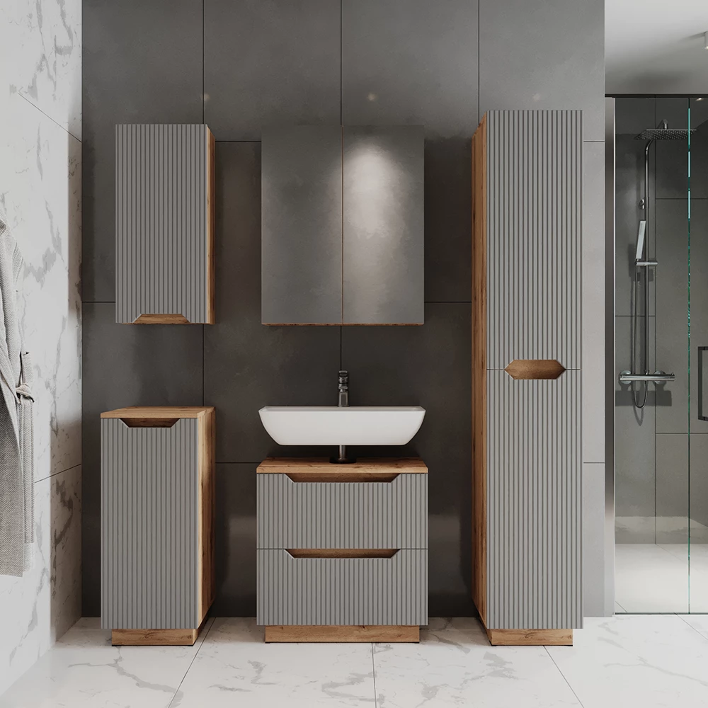 Waschbeckenunterschrank Lotta Eiche/grau gestreift 59.8 x 62.5 cm mit 2 Schubladen Vicco