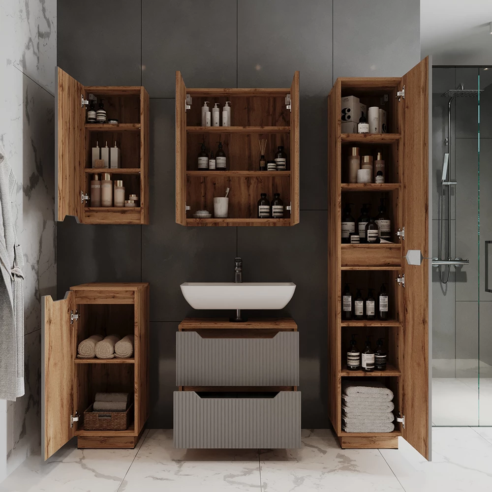 Waschbeckenunterschrank Lotta Eiche/grau gestreift 59.8 x 62.5 cm mit 2 Schubladen Vicco