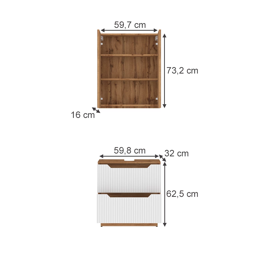 Meubles bain en Chêne/blanc rayé sur fond blanc avec dimensions visibles