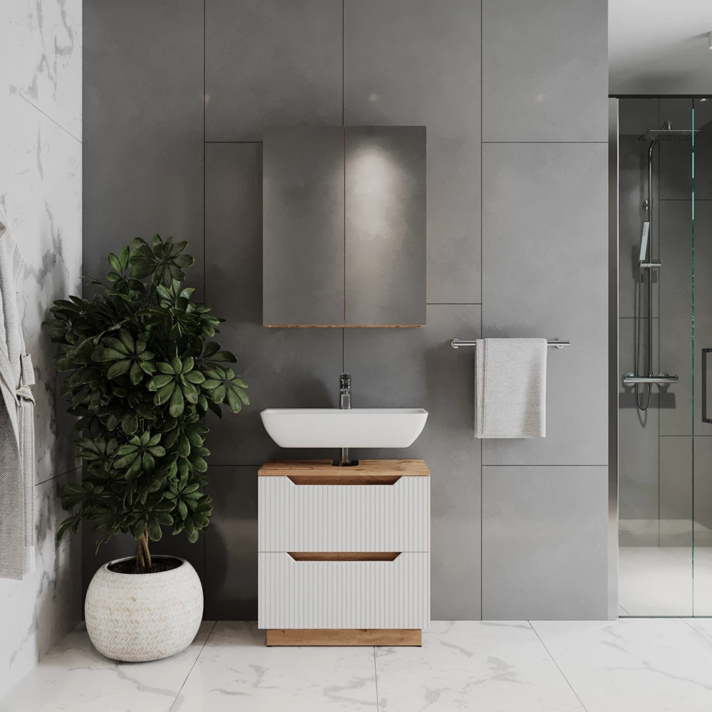 Meubles bain en Chêne/blanc rayé, présenté dans un décor ambiant avec décoration