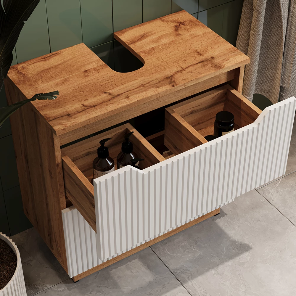 Gros plan de Meuble sous vasque simple en Blanc, montrant la texture/les détails