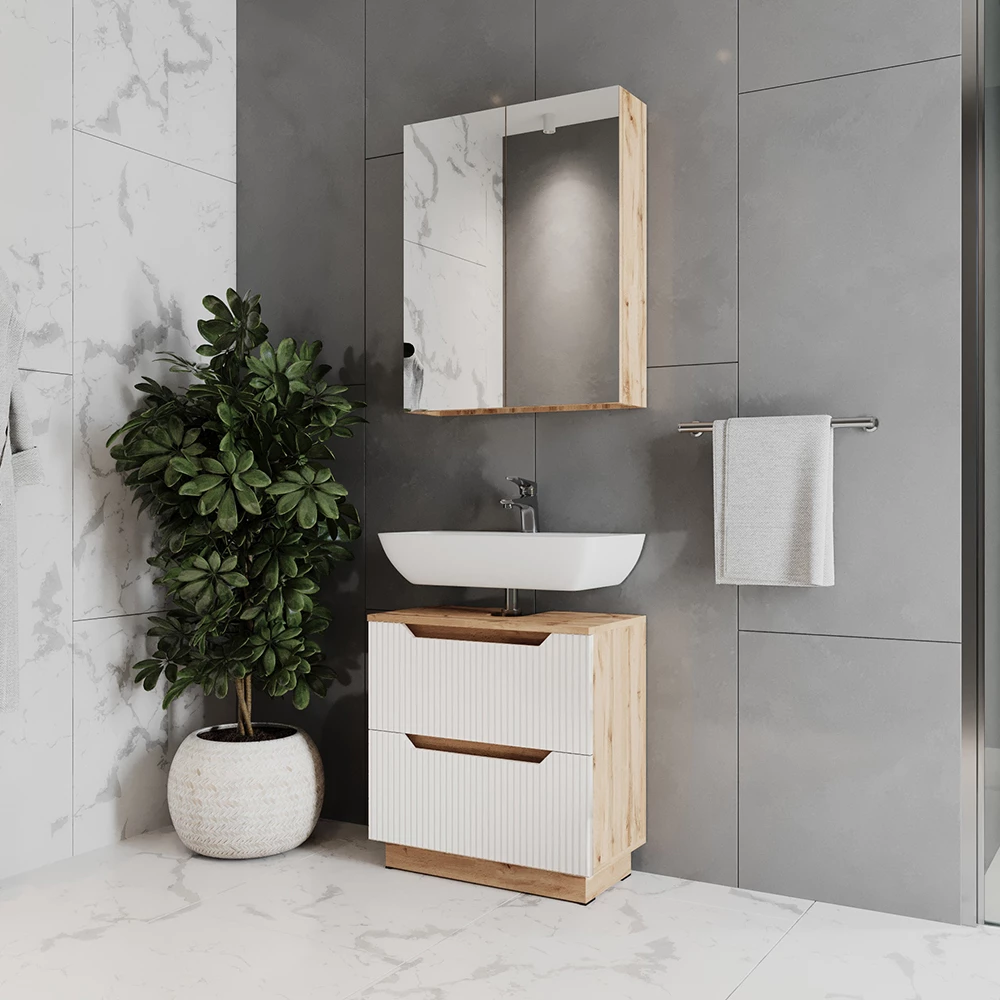 Gros plan de Meubles bain en Chêne/blanc rayé, montrant le design et les détails de surface