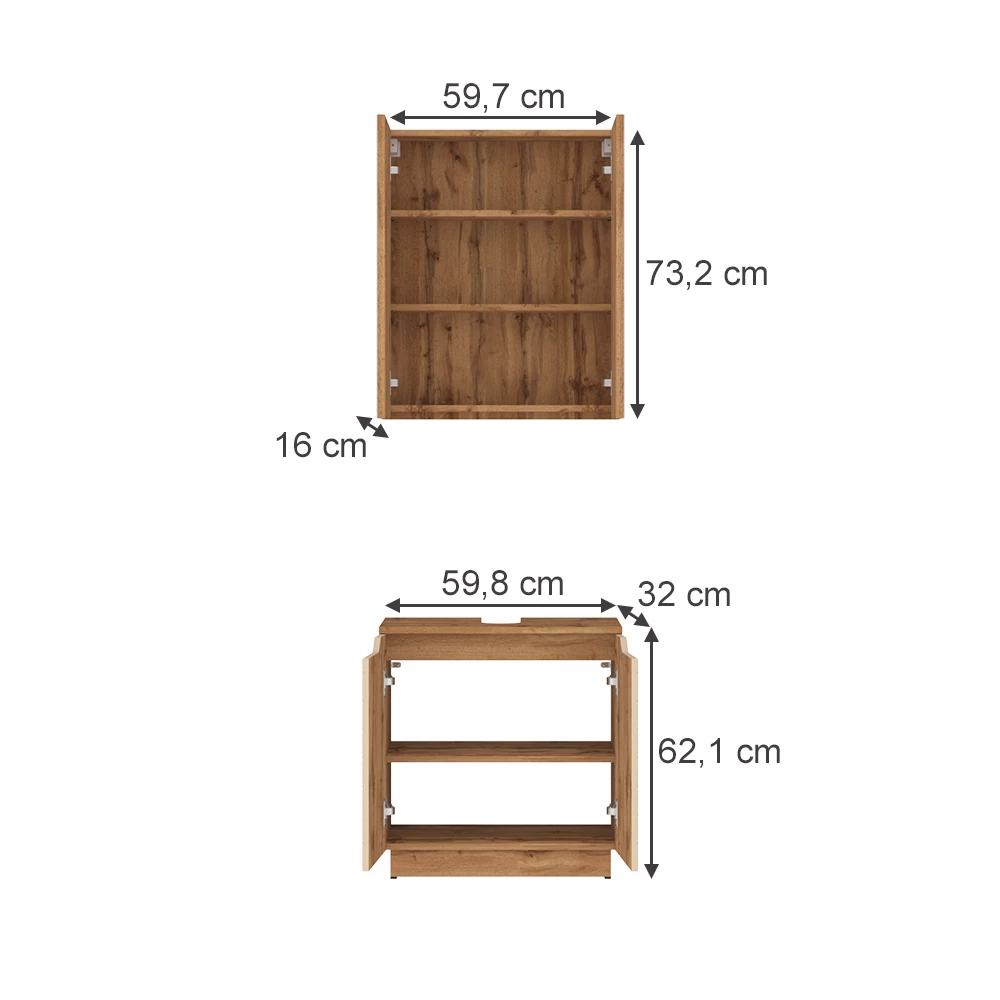 Meubles bain en Chêne/cachemire avec structure en carreaux sur fond blanc avec dimensions visibles
