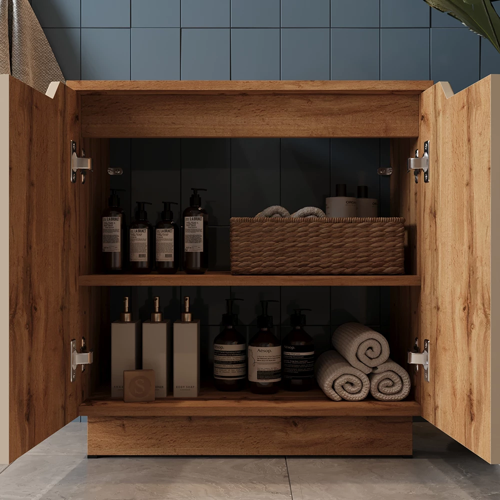 Nahaufnahme von Waschbeckenunterschrank in Cashmere, zeigt Textur/Details