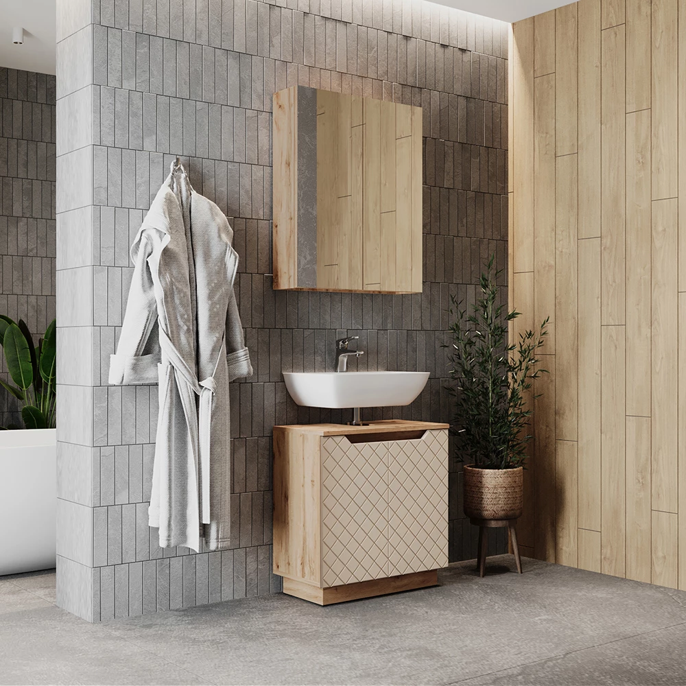 Gros plan de Meubles bain en Chêne/cachemire avec structure en carreaux, montrant le design et les détails de surface