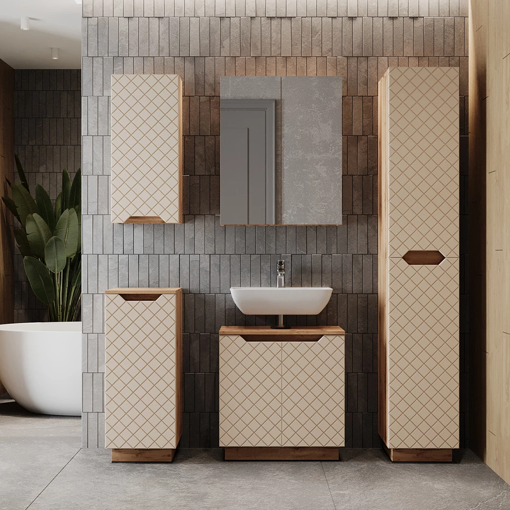 Badmöbel-Set Lotta Eiche/Kaschmir mit Kachelstruktur 3 Teile Vicco