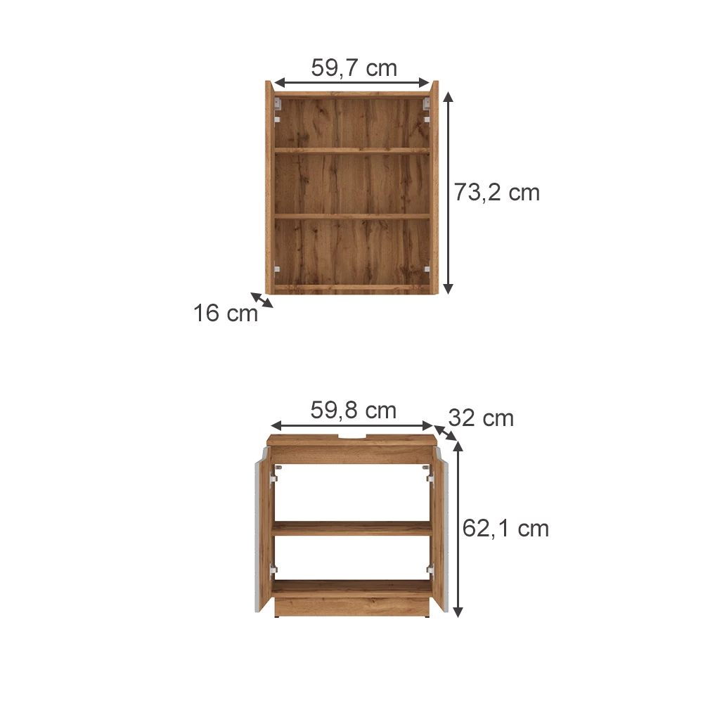 Badmöbel-Set in Eiche/Grau mit Kachelstruktur auf weißem Hintergrund mit sichtbaren Maßen