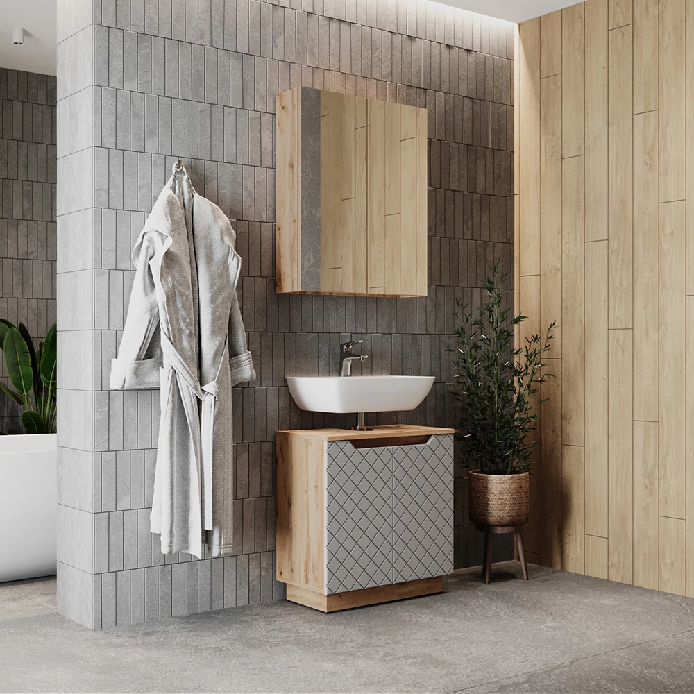 Nahaufnahme von Badmöbel-Set in Eiche/Grau mit Kachelstruktur, zeigt Design- und Oberflächendetails