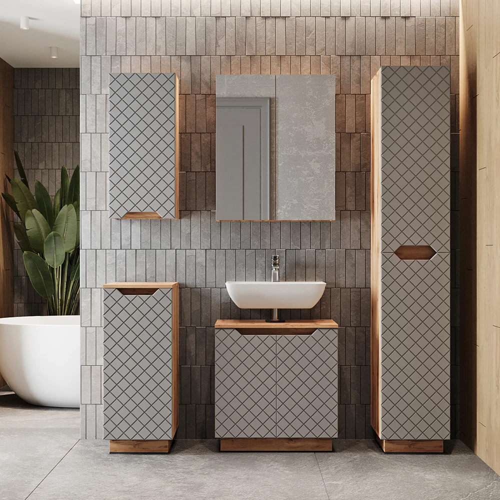 Badmöbel-Set Lotta Eiche/Grau mit Kachelstruktur 2 Teile Vicco