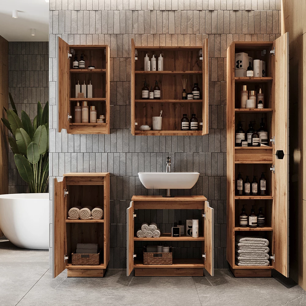 Badmöbel-Set Lotta Eiche/Grau mit Kachelstruktur 2 Teile Vicco