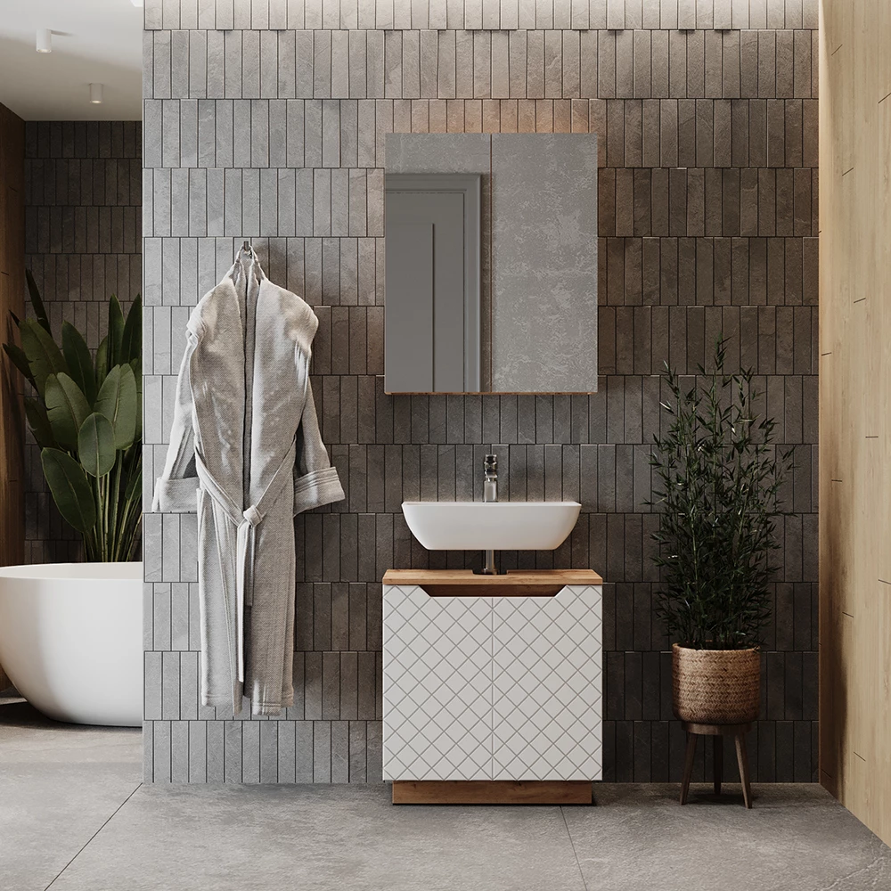 Meubles bain en Chêne/blanc avec structure en carreaux, présenté dans un décor ambiant avec décoration
