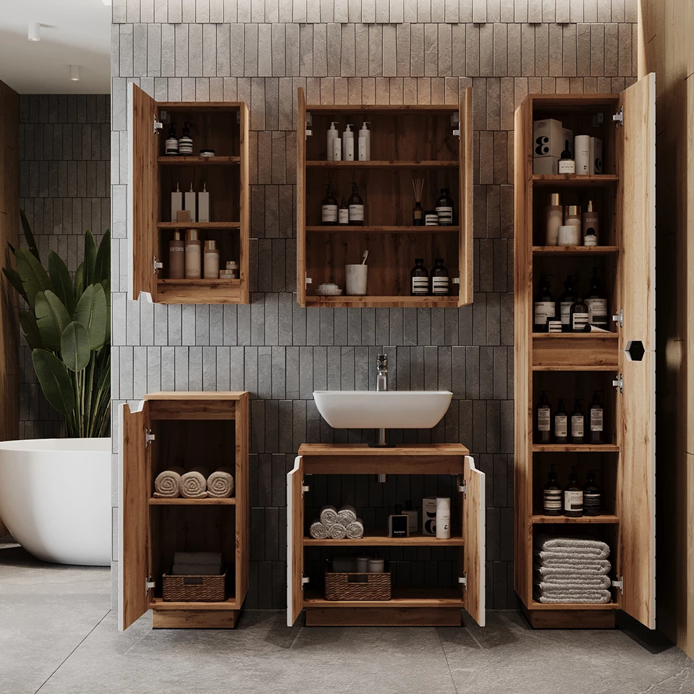 Badmöbel-Set Lotta Eiche/Weiß mit Kachelstruktur 3 Teile Vicco