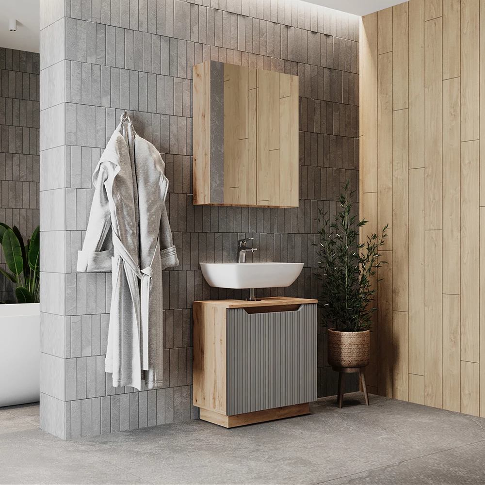 Nahaufnahme von Badmöbel-Set in Eiche/grau gestreift, zeigt Design- und Oberflächendetails