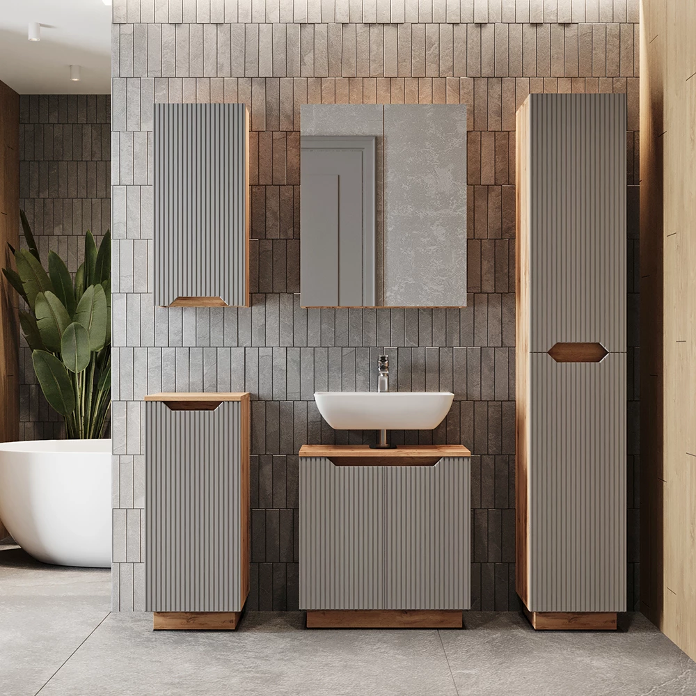 Badmöbel-Set Lotta Eiche/grau gestreift 4 Teile Vicco