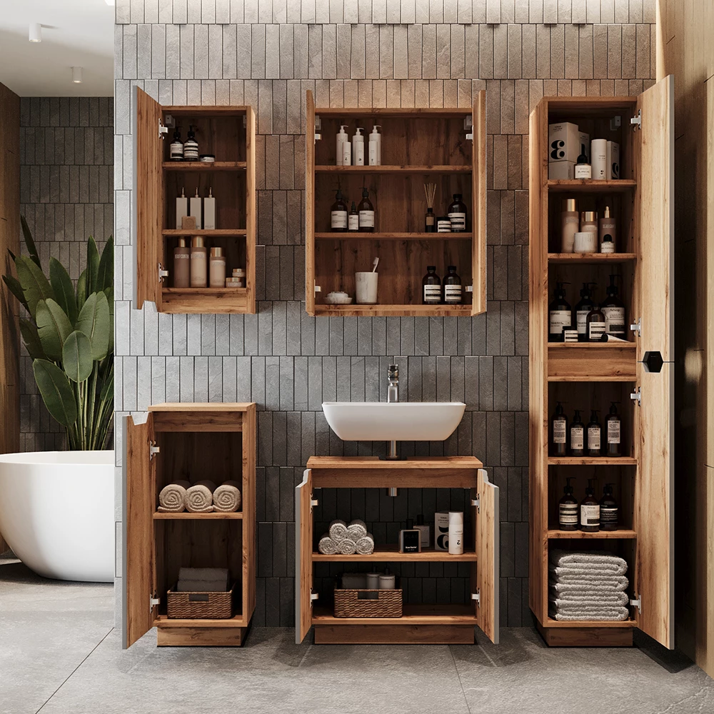 Badmöbel-Set Lotta Eiche/grau gestreift 4 Teile Vicco