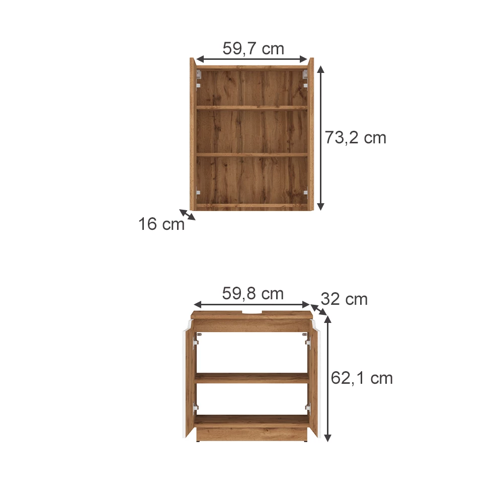 Set di mobili da bagno in Rovere/bianco a strisce on white background with visible dimensions