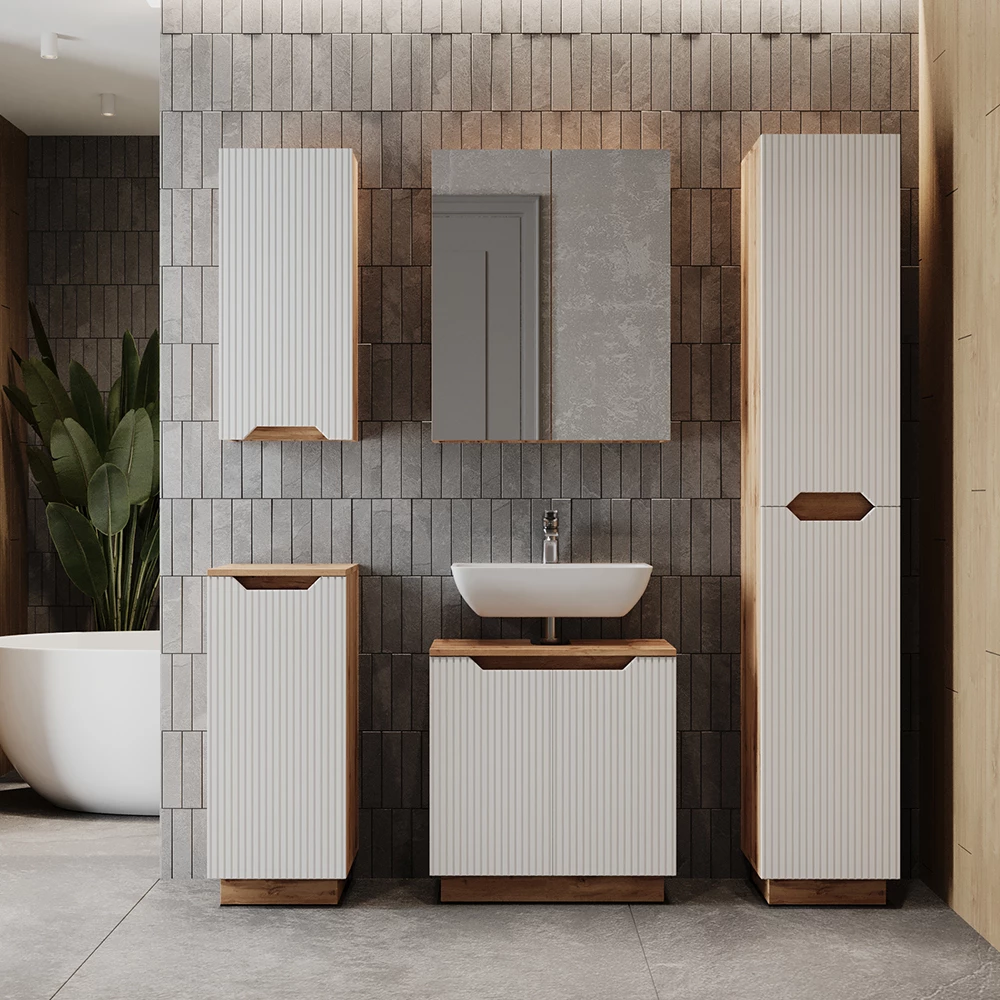 Set di mobili da bagno Lotta Rovere/bianco a strisce 2 parti Vicco