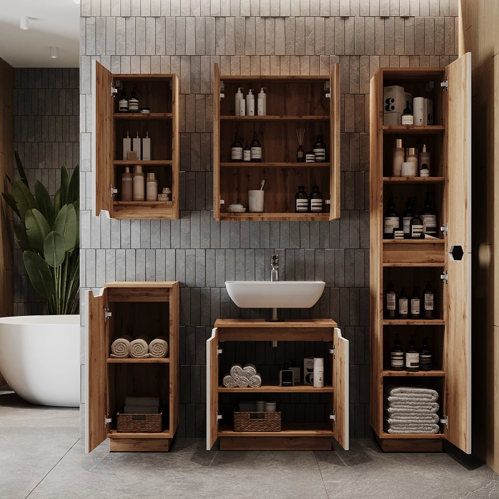 Set di mobili da bagno Lotta Rovere/bianco a strisce 2 parti Vicco