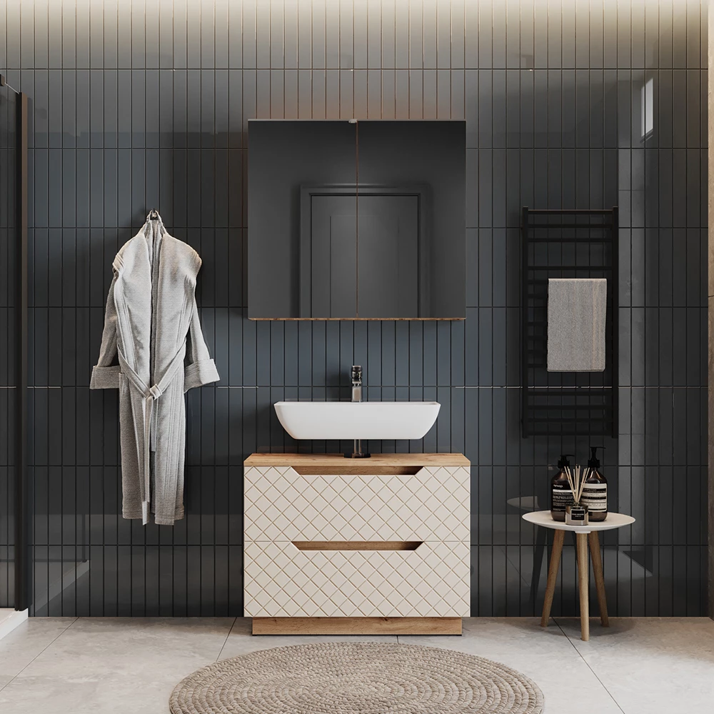 Badkamermeubelset in Eiken/kasjmier met tegelstructuur shown in ambient setting with decoration